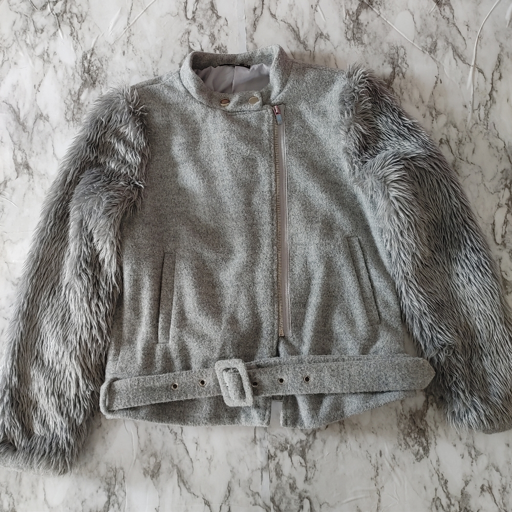 Women's Grey faux fur Moto Jacket Coat large